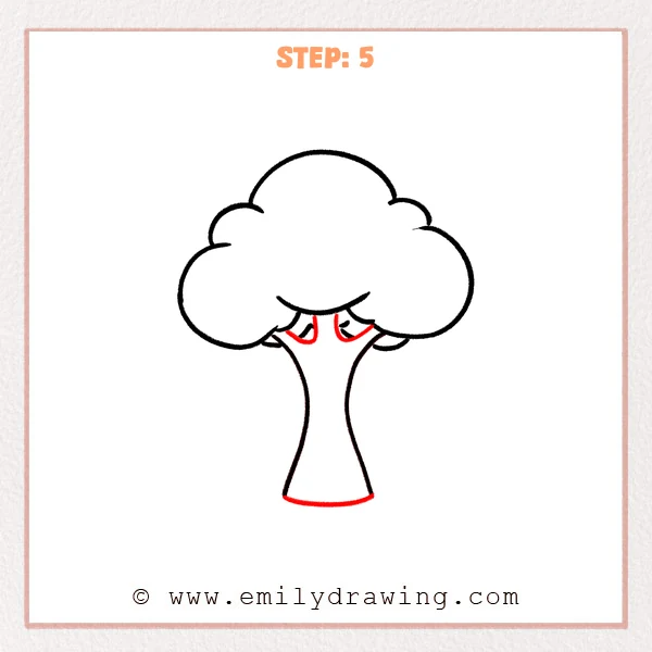 how to draw a cartoon tree - The cartoon tree now has a rounded trunk base and two small inner curved lines near the top of the trunk to show branch splits under the fluffy canopy.